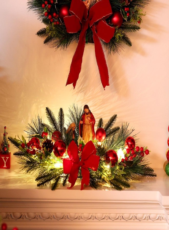 MOONET Christmas Table Centerpiece with LED Lights, Christmas Decoration with Red Jesus Pine Needle Ornament, Red Berry, Balls for Holiday Party, Home - Image 3